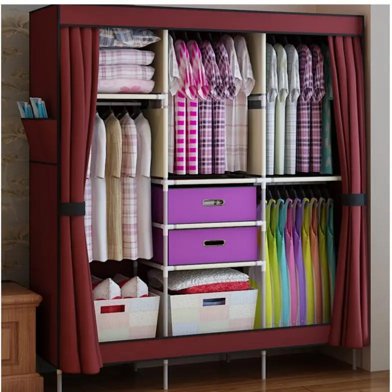 Triple Portable Clothes Wardrobe font b Closet b font Cabinet Garment Rack with 2 Free Storage