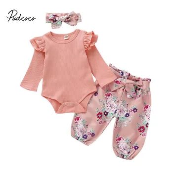 

Pudcoco Newborn Infant Baby Girl Clothes Set Knitted Long Sleeve Ruffles Tops Romper + Floral Butterfly Knot Pants Outfits