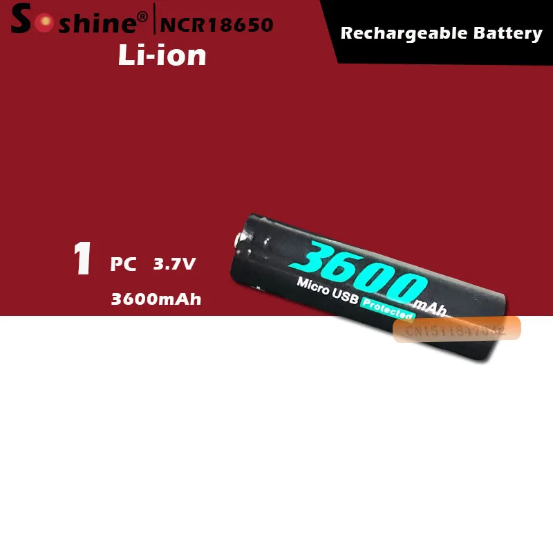 

1 pcs original SOSHINE 18650 rechargeable battery 3.7V 3600mah with Built-In Micro USB directly charger port