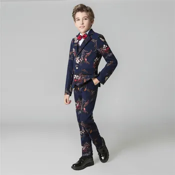 

YuanLu Boys Suits 5PCS Drak Blue Blazer For Wedding Party Piano Kids Suits Slim Fit Formal Suits Flower Print
