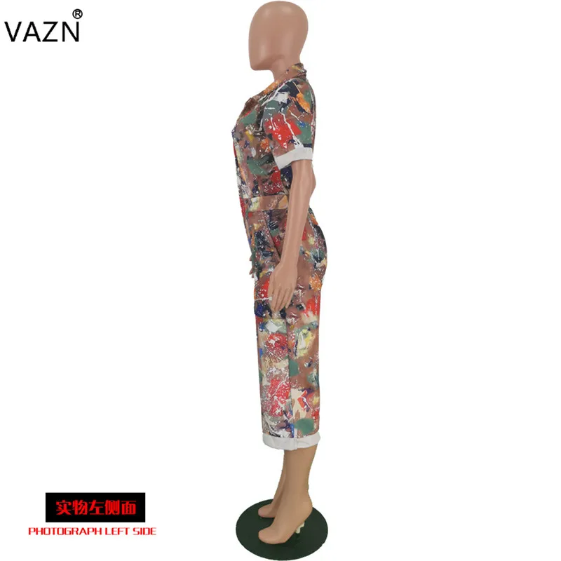 VAZN YH5075 Новые комбинезоны обычная, высокая, на выход молодых Мода Камуфляж печати Половина рукава поло шеи женщин прямые голени комбинезоны