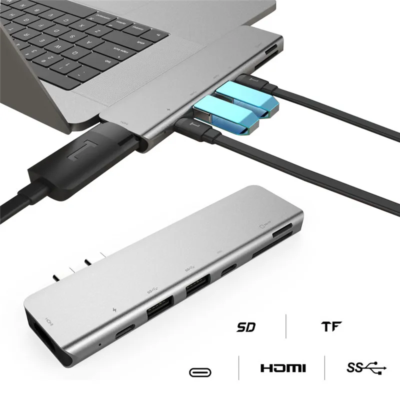Двойной Тип-C 7-1 концентратор для MacBook Pro зарядка PD Интерфейс+ HDMI Интерфейс+ 2* USB Интерфейс+ TF слот для карт+ слот для карты SD