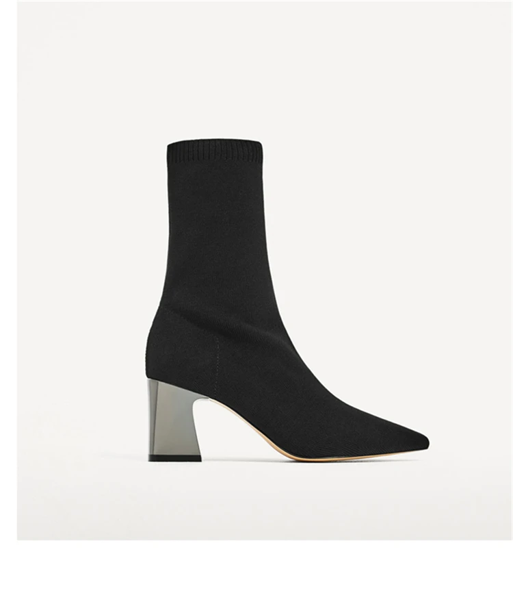 Носки вязаные женские ботинки г. Весенне-осенние тонкие полусапожки на высоком каблуке с острым носком Женская утолщенная эластичная обувь - Цвет: Black silver with