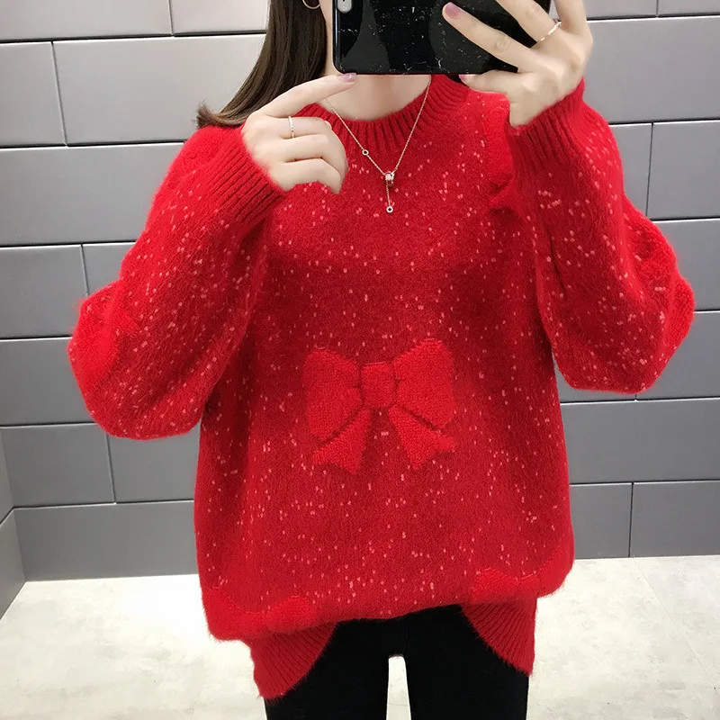 Neploe осенне-зимний свитер с круглым вырезом в Корейском стиле, свободный свитер, элегантный лоскутный бант, Женский обтягивающий пуловер трикотажный джемпер Mujer - Цвет: red