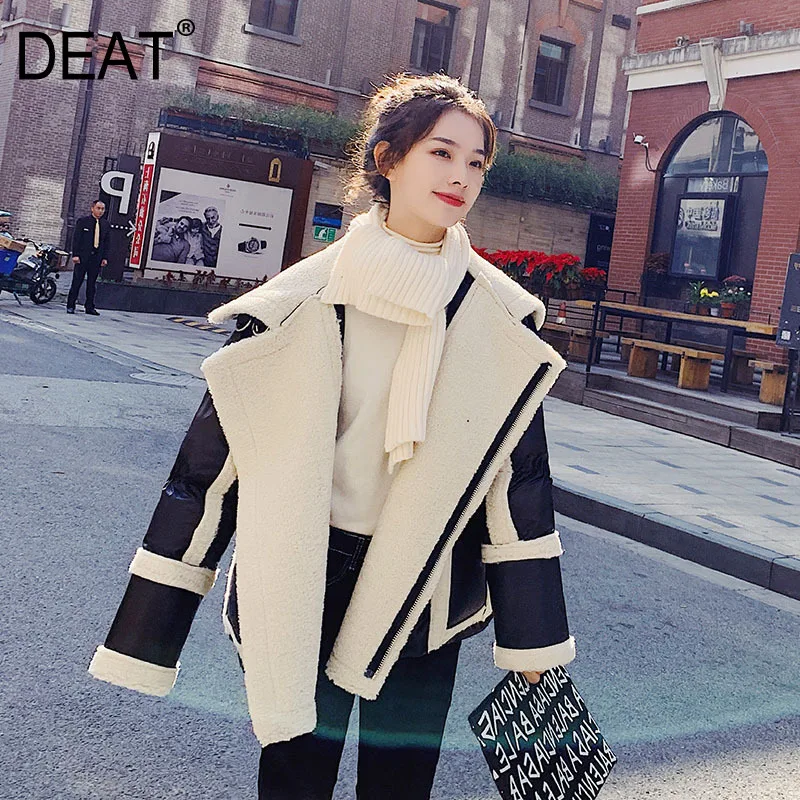 

[DEAT] 2019 New Autumn Winter Lapel Long Sleeve Hit Color Spliced Personality Lambswool Jacket Women Coat Fashion Tide 13D474