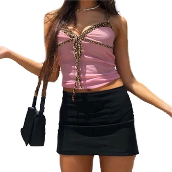 

Fashion Women's Tie Knot Front Camisole Sexy V Neck Sleeveless Leopard Patchwork Crop Cami Tops Summer Casual Clothes