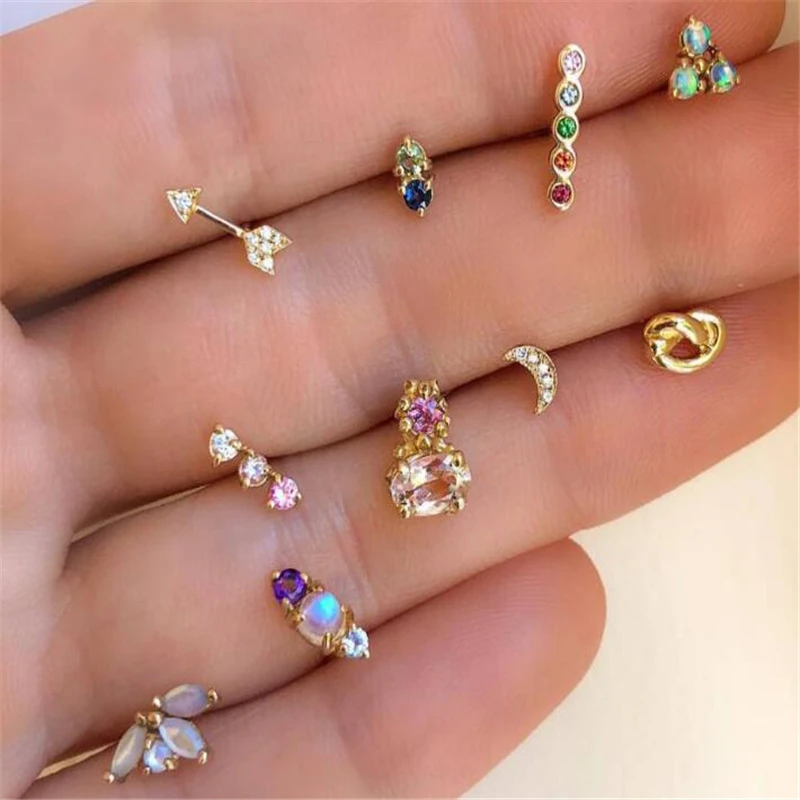 

10 Pcs /Set Boho Geometry Moon Star Arrow Flower Hand Earrings Set Women Punk Stud Earring Personality Party Bohemian Jewelry
