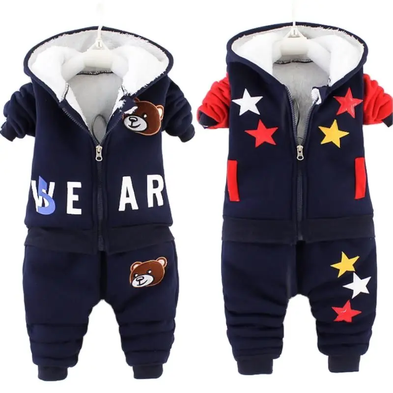 

New Kids Sets Autumn Winter Thick Plush Cotton Clothing Boy girl Cartoons Hooded coat+Pants 2pcs Suit Children tracksuit 0-5Y