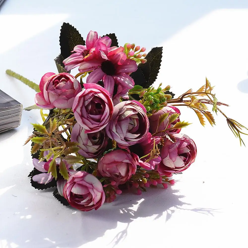 B-PINK PURPLE 1 букет свежих искусственных роз шелковые Чайные розы DIY букет поддельные цветы для свадебной вечеринки украшение дома - Цвет: B-PINK PURPLE