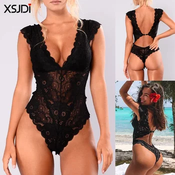 Sexy Women's Lace Tights Bodysuit Transparent Hollow Tights Body Mujer Plus Size Halter Tights Ladies Sexy Teddy Bodysuit 1