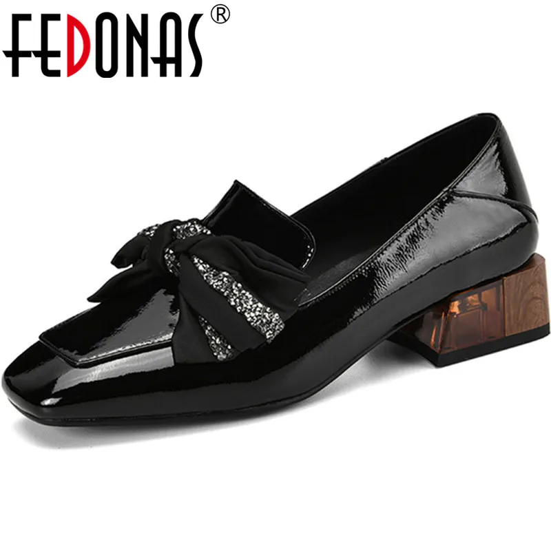 

FEDONAS 2020 New Arrival Genuine Leather Women Shoesbutterfly Knot Thick Heels Pumps Spring Summer Famale Round Toe Shoes Woman