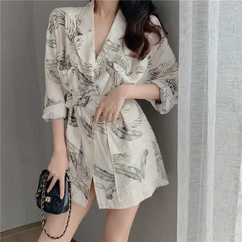 

2020 New Spring Korean Women Chic Shirt V Neck Floral Printed Linen Slim Shirts Casual Long-sleeved Belted Waist Blouse Long Top