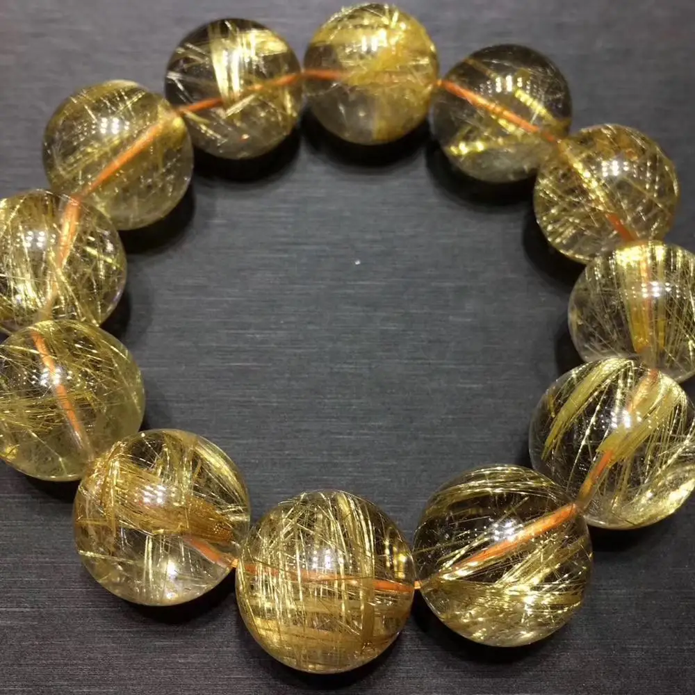 

19mm Genuine Natural Brazil Gold Rutilated Bracelet For Woman Man Crystal Titanium Stretch Round Beads Stone Fine Jewelry AAAAA