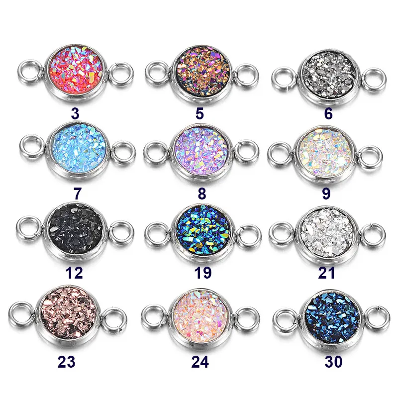 

20pcs/lot Stainless Steel Glitter Faux Druzy Resin Charm Connectors Two Holes Colorful Round Charm For Girls DIY Jewelry 8mm