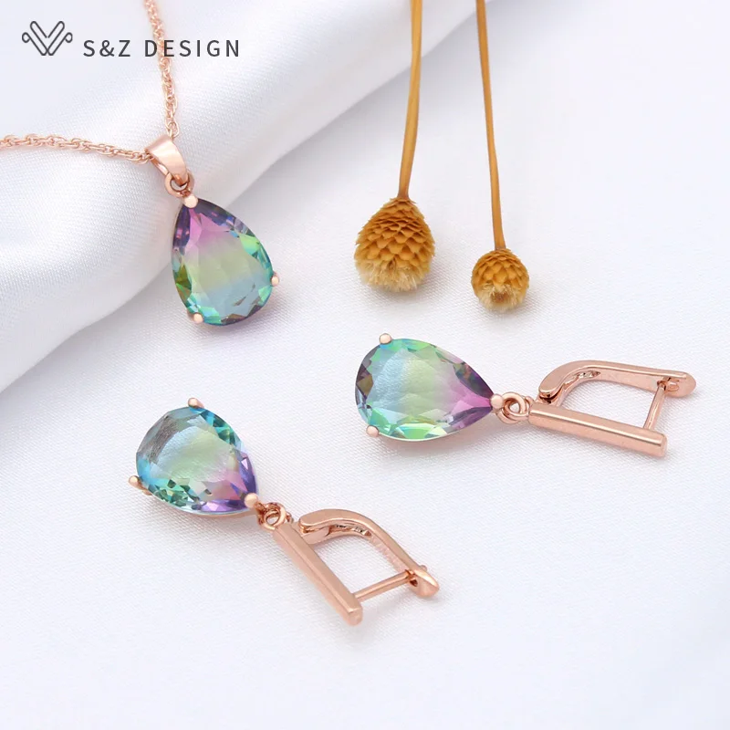 S&Z DESIGN New Fashion Rose Gold Color Water Drop Tourmaline Dangle Earrings Jewelry Sets For Women Party Pendant Necklace Gift