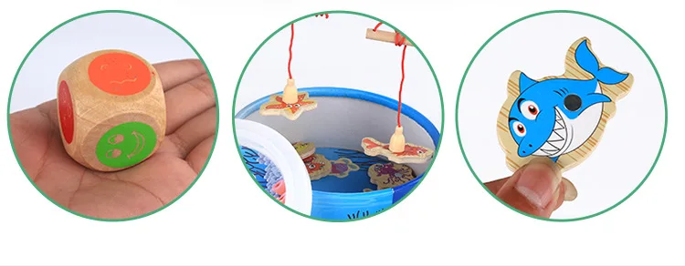 Boys and Girls Early Education wooden fishing toy magnetic Barrel Ocean Scene Two-Rod Fishing Children's Puzzle Toys