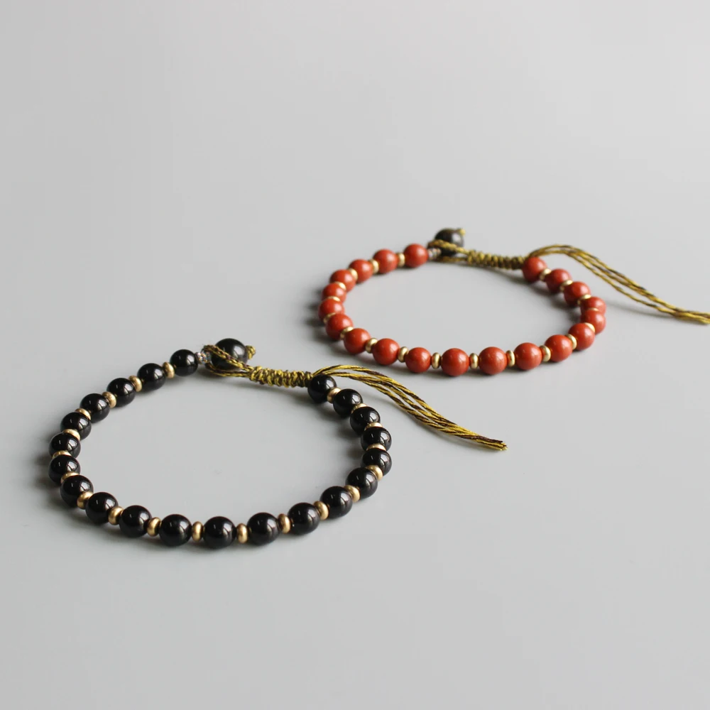 Natural Red Black Stone Beads &amp Copper Spacer Handmade Tibetan Buddhist Couples Matching Lucky Knots Bracelet OM Lover Bangle | Украшения