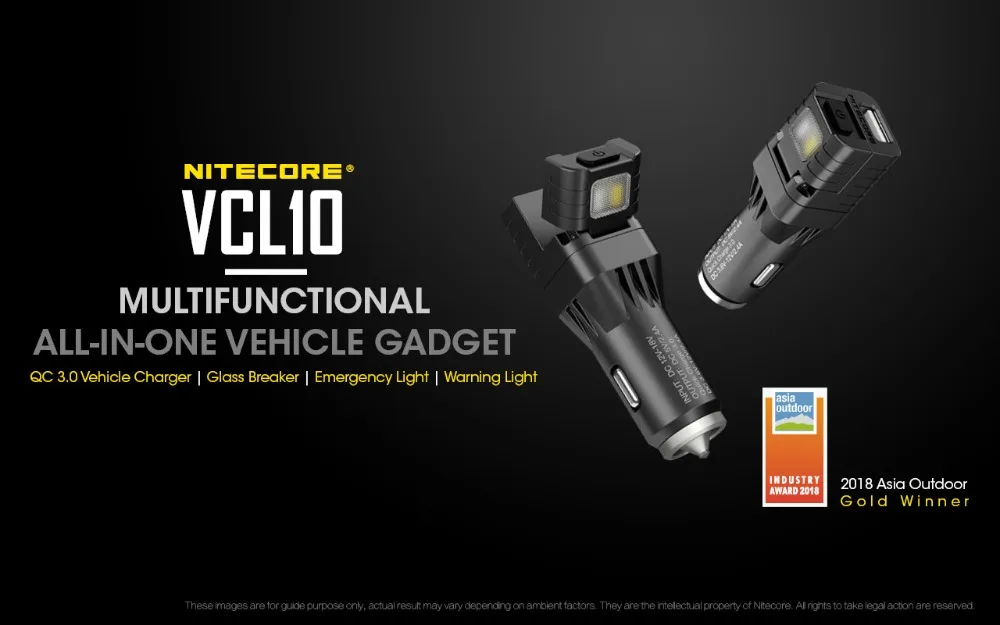 NITECORE VCL10 многофункциональный все-в-одном автомобиль гаджет/QC3.0 автомобильное зарядное устройство/Стекло отбойный молоток/аварийное освещение/Предупреждение свет