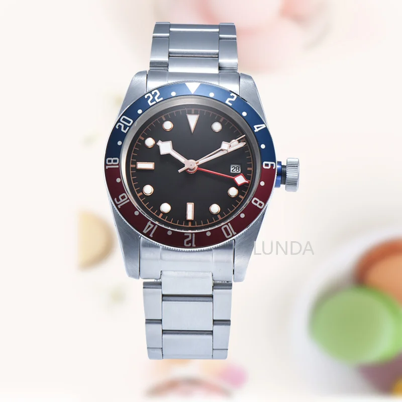 

Watch 41mm diving GMT automatic movement military luminous pointer steel bracelet mineral glass Black red and blue bezel D7
