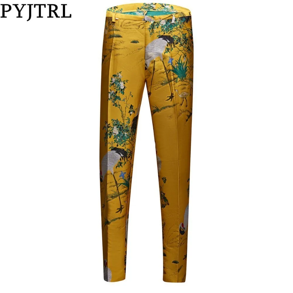 PYJTRL мужские модные жаккардовые брюки с золотым и желтым узором костюмы для