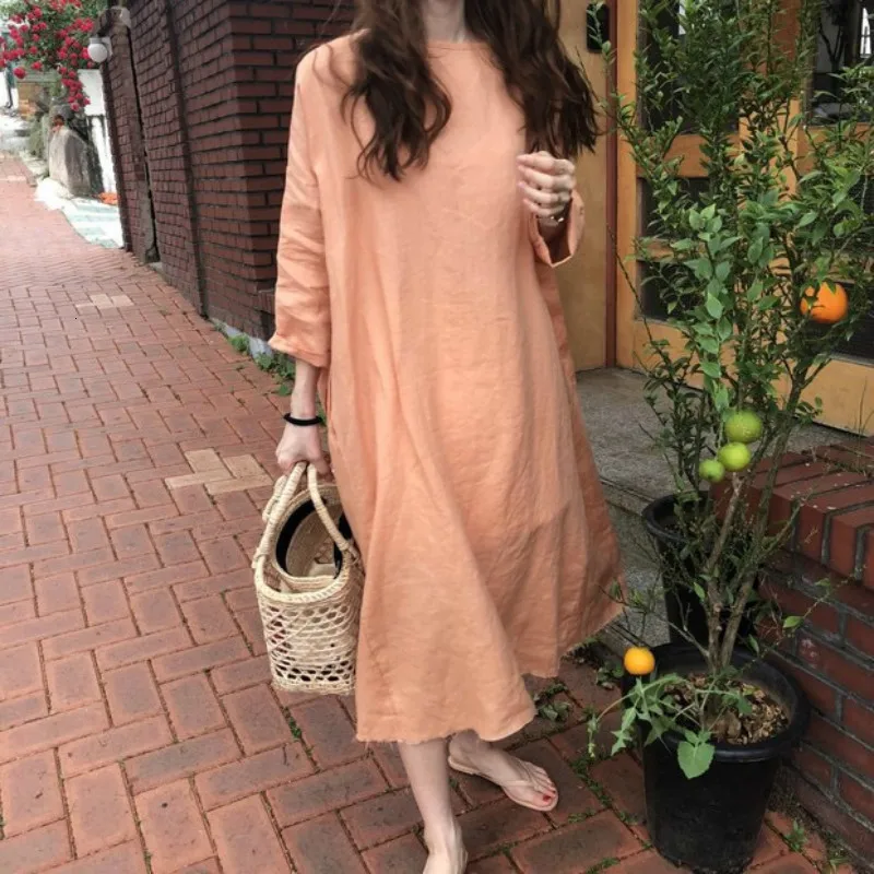 

Korean Women Summer Long Cotton Dress Vestidos Orange Oversized Straight Casual Robe Femme Sukienki Ladies Kleider Damen Jurken