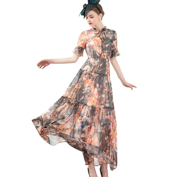 

2020 Summer Chiffon Long Dress Butterfly Sleeve Prairie Chic Elegant Dress Short Sleeves Runway Dress Ankle-Length DZ1201