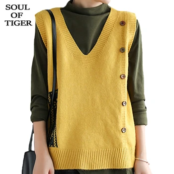 

SOUL OF TIGER Winter 2020 Korean Designer Women Casual Vests Ladies Vintage Sleeveless Sweaters Loose Printed Clothes Plus Size