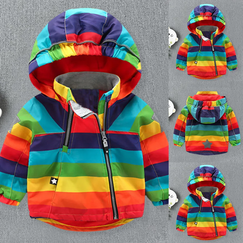 Куртка для маленьких мальчиков; Осенняя ветровка с длинными рукавами; детская одежда; водонепроницаемая куртка с капюшоном для мальчиков и девочек; Солнцезащитная куртка в радужную полоску; D20