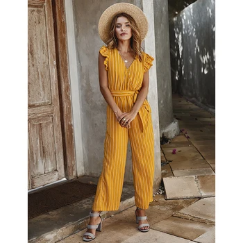 

Women Summer Striped Ruffles Sleeveless Sexy V Neck Bandage Jumpsuits Femme Casual Vintage Harajuku One-piece Rompers SJ5644E