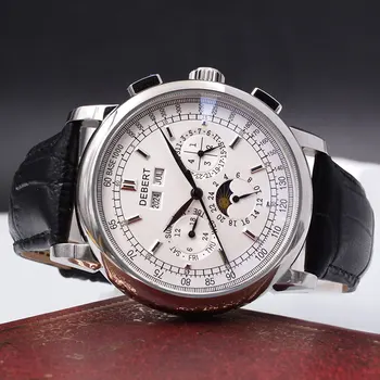 

Top Brand 42mm Debert mechanical wristwatches moon Phase White Dial Silver Year Day Month Week 316L SS Case Automatic watch men