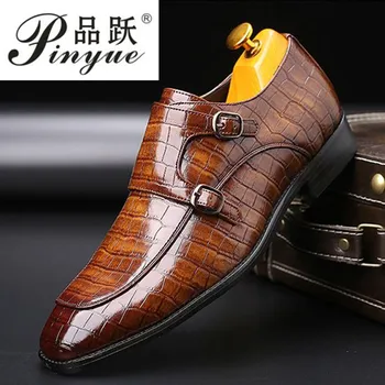 

38-48 Classic Crocodile Pattern Business Flat Shoes Men Designer Formal Dress Leather Shoes Men's Loafers Christmas Party Shoes
