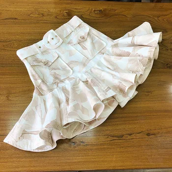 

Linen Printed Skirt High Quality Belt High Waist Slim Belt Pleated Ruffled Skirt Mini Skirt 2020 New