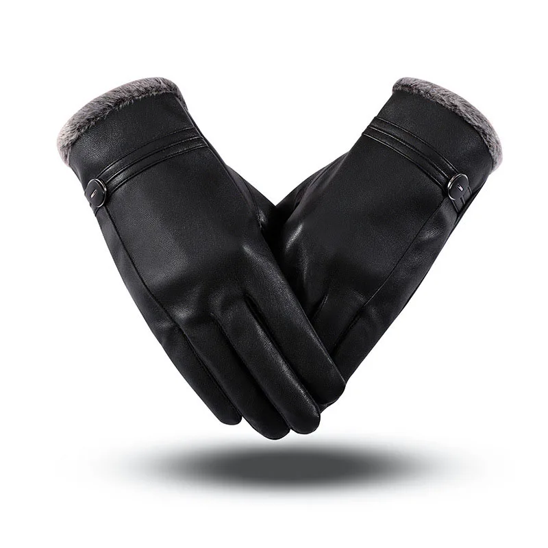 Мужские зимние меховые перчатки из искусственной кожи и бархата с сенсорным экраном, деловые теплые ветрозащитные перчатки, водонепроницаемые теплые перчатки для верховой езды - Цвет: Черный
