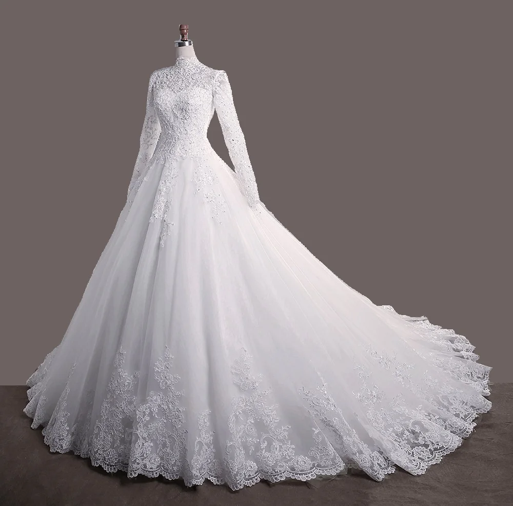 Elegant princess Wedding Dress ball gown plus size O neck long sleeve lace beading Muslim bridal wedding gown vestido De Noiva winter wedding dresses Wedding Dresses