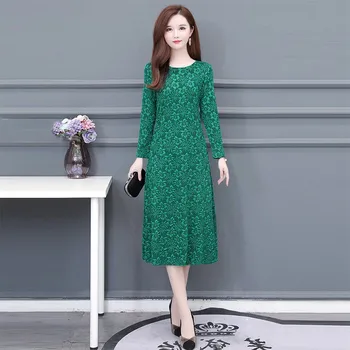 

Fashion Round Neck Mid-Calf Dress Autumn Ladies Floral Long Sleeve Dress Women Mid-long A-Line Dress