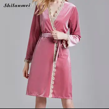 

2020 Warm Flannel Robe Winter Long Sleeve Bathrobe Sexy V-Neck Women Pink Nightgown Lounge Sleepwear Home Clothes Women