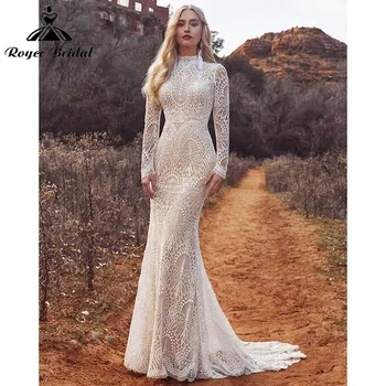 Abiti da sposa Boho Beach a sirena con bottoni posteriori Collo alto in pizzo Stampa floreale Manica lunga Abiti da sposa Personalizzati 2025