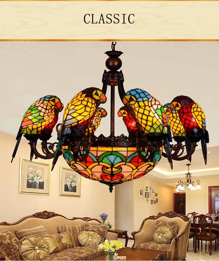 Американский пасторальный стиль ретро роскошный попугай птица подвесной светильник витражная Стеклянная Бар гостиная; зал подвесное освещение