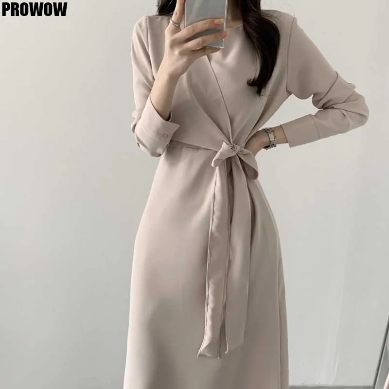 2020 Elegant One-Piece Women Long Sleeve Dress Spring Autumn Fashion Korean Vintage Bandage Waist Dress Ladies Office Dresses