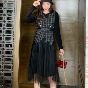 

Spring Autumn Two Piece Set Women Elegant Plaid Tweed Short Vest + Vintage Pleated Midi Party Dress Suit Ensemble Femme 2 Pieces