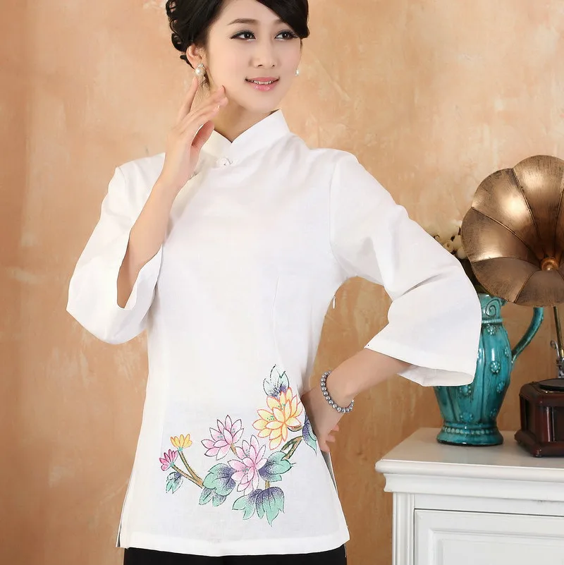 Женская новая модная повседневная хлопковая льняная рубашка, китайская блуза чонсам, женские топы Ципао с цветочным принтом, рубашка со стоячим воротником