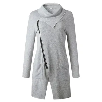 

Women Oblique Zipper Coat Lapel Collar Long Sleeves Autumn Outwear with Pockets LXH