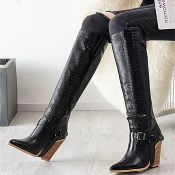 

Wood Grain Print Knee-High Boots Leisure Breathable Slip-On High Heels Fashion Buckle Strap Women Shoes Bottine Femme Hiver