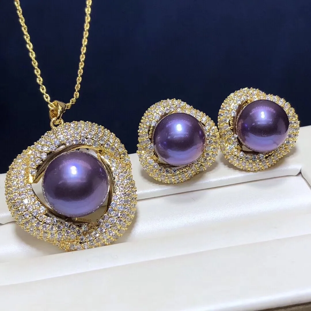 Fine Jewelry Pure 925 Sterling Silver Natural Fresh Water 8-12mm Purple Pearl Female's Jewelry Sets for Women FIne Jewelry Sets