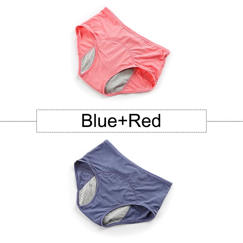 Blue Red 2 шт./партия, хлопковые менструальные трусики, герметичное нижнее белье для женщин с высокой талией, бесшовные трусы с дышащими отверстиями, большие размеры - Цвет: Blue Red