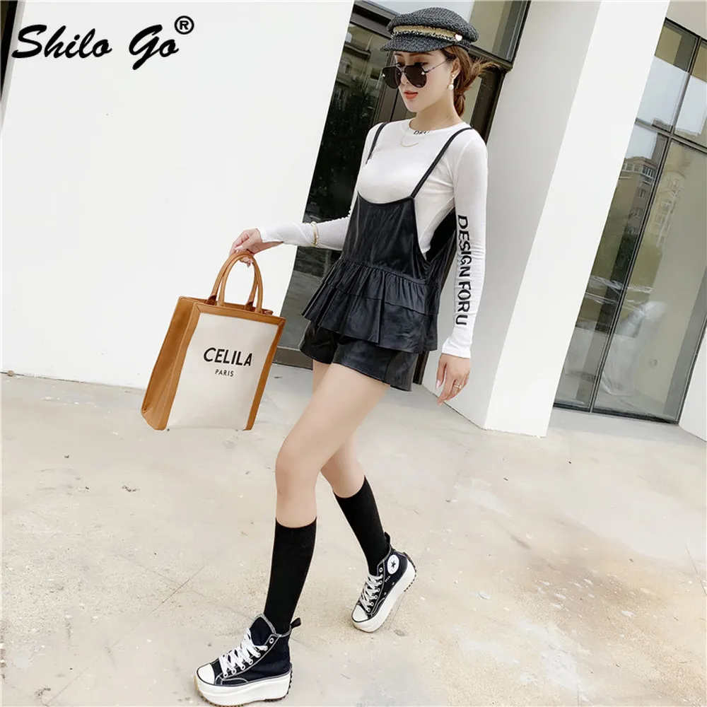 Genuine Leather Camis Black Minimalist Ruffles Hem Sleeveless Strap Sheepskin Tops Women Autumn Winter Casual Solid Top Shirts