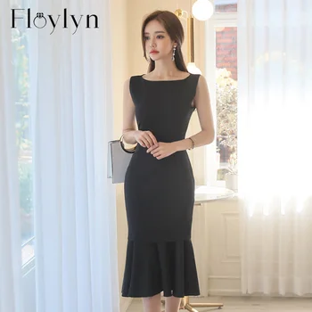 

FLOYLYN Summer Brief Ruffles Round-neck Mid-length Women Dress Sleeveless Slim Elegant Work Business Dresses vestidos femme 2020
