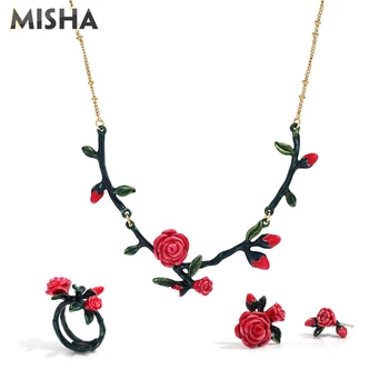 

MISHA Jewelry Sets For Women Quality Handmade Enamel Glaze Bramble Rose Design Necklace Rings Earrings Sets For Ladies Gift 2117