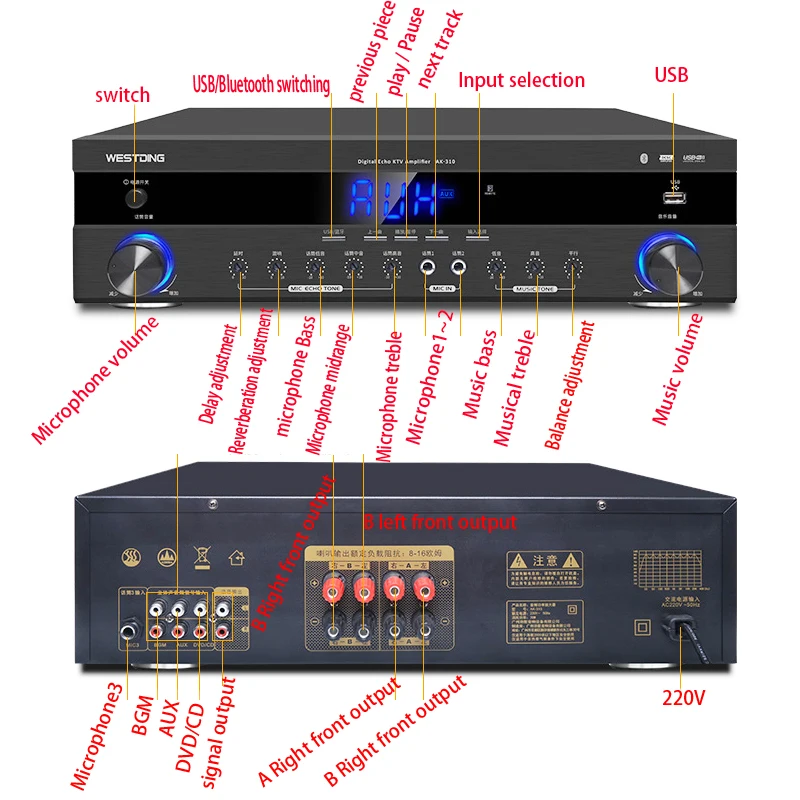 KYYSLB 220 В 800 Вт высокой мощности 4,0 Bluetooth усилитель AK-310 дома KTV Аудио карты пакет динамик караоке усилитель с USB