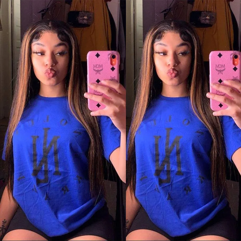 Perucas de Cabelo Dianteira do Laço Remyblue Destaque Peruca Brasileira Reta Rendas Frente Humano Mel Loira Ombre Remy p4 - 30 5 Apliques com cabelo humano